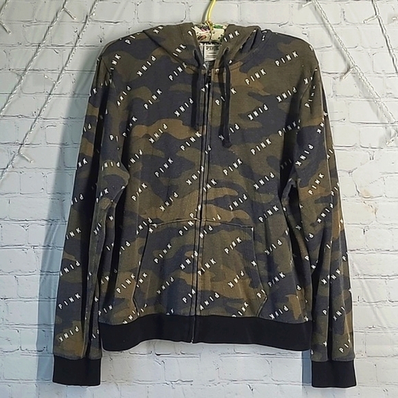 2018 Victoria's Secret PINK All Over Logo Spellout Army Camo Full Zip Hoodie L - Picture 6 of 17